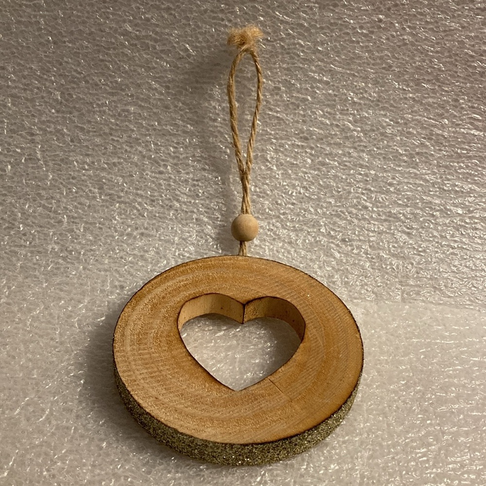 Round Wooden Carved Heart Hanging Ornament with Sparkling Gold Edging